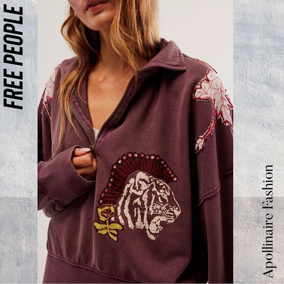 FREE PEOPLE SPORT SWEATSHIRT IN PURPLE COMBO NWT LARGE EMBELLISHED - Picture 1 of 7